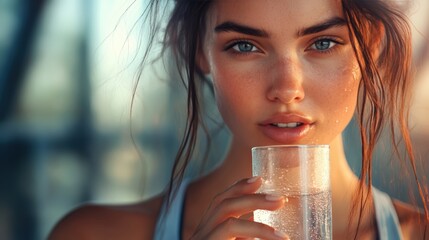 Close-Up Portrait of a Sporty Woman Drinking Water After Workout Session