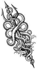 Illustration of a trident entwined with octopus tentacles isolated on transparent background, a mythical sea weapon