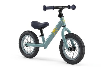 Obraz premium Modern pastel blue balance bike for toddlers developing riding skills isolated on white studio background