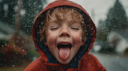 Joyful Child Playing in the Rain Wearing Red Raincoat with Happy Expression