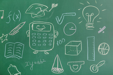 Drawn calculator, geometric figures and school stationery on green chalkboard