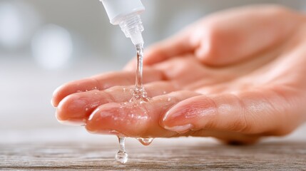 Close-Up of Serum Dropping from Glass Bottle onto Hand with Soft Glow