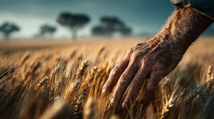 Cinematic Close-Up of Farmer’s Hand Touching Golden Wheat Field at Sunset