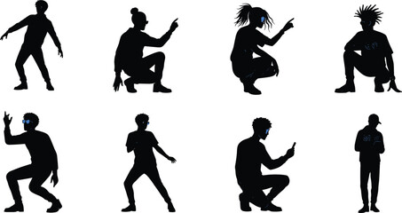 Obraz premium Dynamic silhouette figures, blue accent eyes and hands, expressive poses, urban style, gesture interaction,