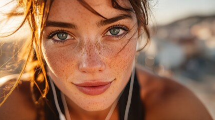 Close-Up Portrait of Confident Young Woman with Freckles in Golden Sunset Light