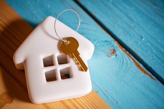 Overhead shot of a house-shaped keychain with a gold key resting on a textured blue surface