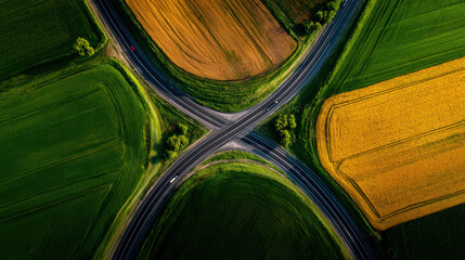 Aerial View of Countryside Highway Intersection Surrounded by Green and Yellow Fields