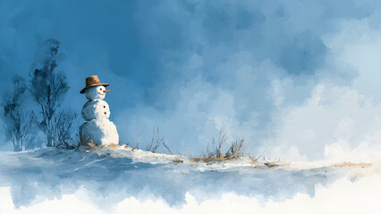 A watercolor painting of a winter landscape with a snowman, minimalist and Clean background