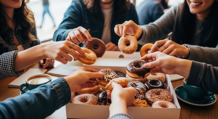 Friends hands reaching for assorted donuts from a box at a cafe table with coffee