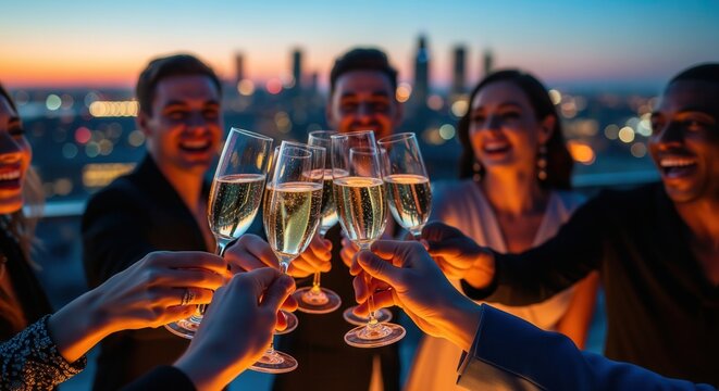 Diverse group of friends toasting champagne flutes at a vibrant rooftop party during sunset