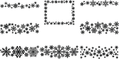 Snowflake border and frame silhouette set, winter decorative patterns, festive holiday design elements, black and white seasonal graphic collection