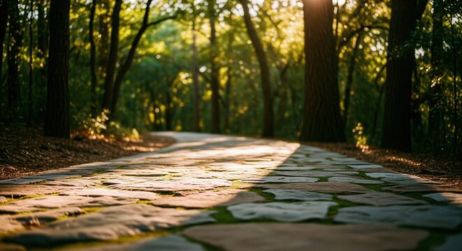 Stone pathway winding through a sun drenched forest with dappled light and green trees
