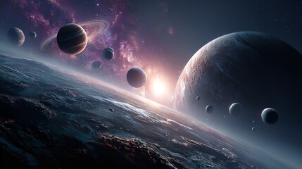 Breathtaking cosmic vista showcasing planets, moons, and nebulae, a symphony of light and shadows in outer space.