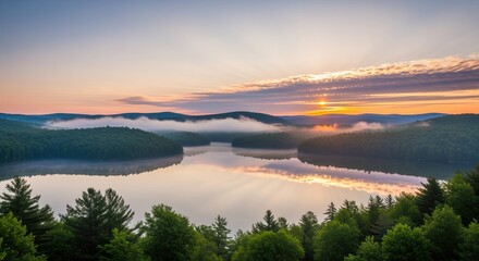 Obraz premium Panoramic sunrise over a serene forest lake with mist and reflections in rolling hills