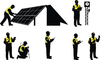 Solar energy and electrical worker silhouette vector set, renewable power icons, safety gear design, printable tech artwork, installation illustration