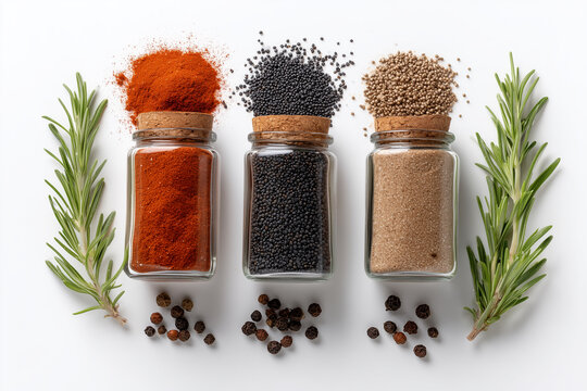 High-resolution flat lay of gourmet spice jars with paprika, sesame seeds, and coarse salt arranged with rosemary and peppercorns.jpeg