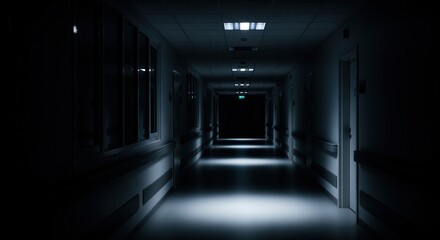 Dramatic view of a clean hospital corridor at night with high contrast lighting