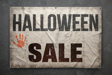 Halloween sale sign on dark wall background with distressed texture and ominous handprint promoting seasonal discount event