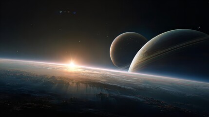 Dramatic planetary sunrise over alien landscape with multiple moons in the dark vastness of space.
