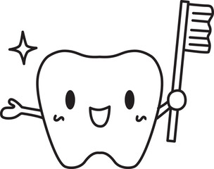Cute line drawing of a tooth with a toothbrush. Vector Illustration.