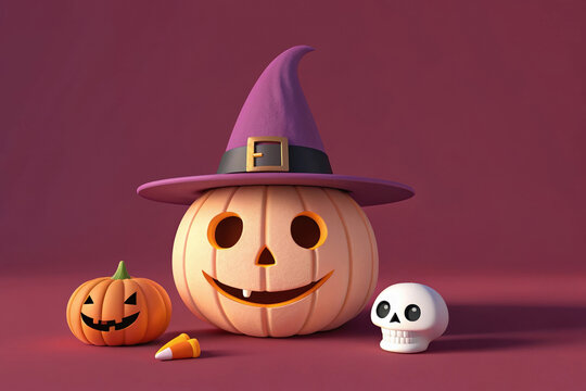 Minimalist Halloween decoration with pumpkin wearing witch hat, small pumpkin, candy corn, and skull on purple background
