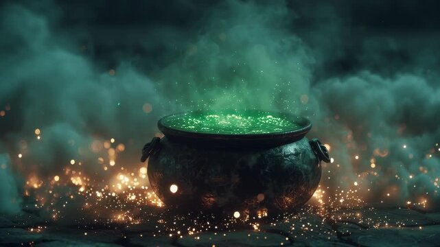 Enchanted cauldron bubbling with green potion amidst swirling mist and sparkling embers
