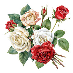 Naklejka premium A Rich Arrangement of Red and White Roses with Buds and Green Leaves on a Black Background red roses