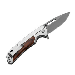 Folding pocket knife with wooden handle isolated on transparent background