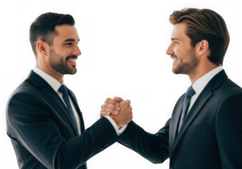 Two businessmen in suits shaking hands smiling conveying partnership success and collaboration isolated on transparent background