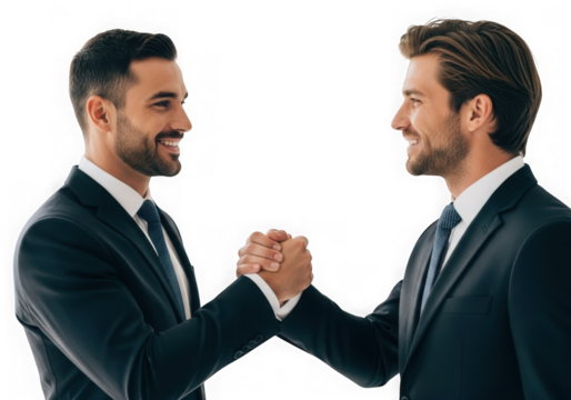 Two businessmen in suits shaking hands smiling conveying partnership success and collaboration isolated on transparent background