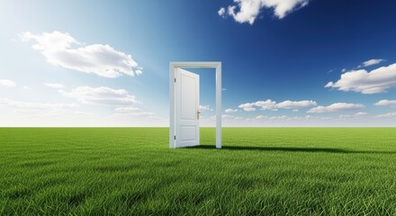 An open white doorway stands in the middle of a vast green field under a blue sky with fluffy white clouds. The door represents a new beginning, a path to new opportunities or a fresh start.