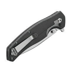 Modern folding knife with a black handle isolated on transparent background