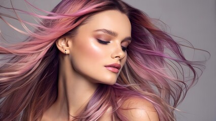 Fototapeta premium Portrait of a woman with long, flowing hair styled with pink and purple highlights, eyes closed.