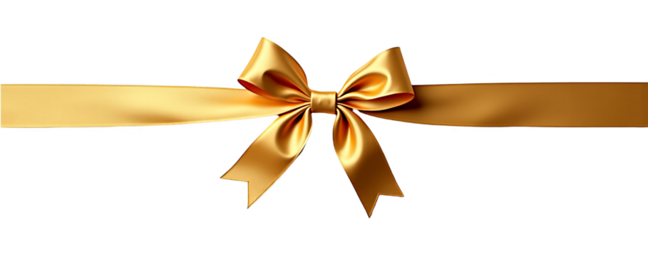 Shiny gold ribbon with a perfect bow isolated on a transparent background. Realistic silk decoration for gift wrapping