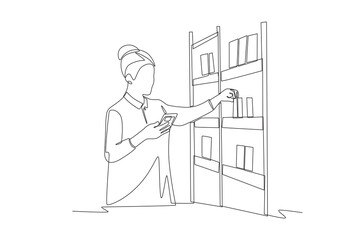 Woman looking for books on bookshelf. Browsing racks concept one-line drawing