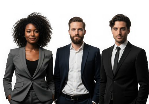 Professional business team poses confidently for corporate photography session isolated on transparent background - Powered by Adobe