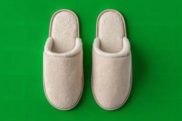 Cozy Indoor Comfort: Two Beige Slippers on Vibrant Green Background Offer Relaxation Vibe
