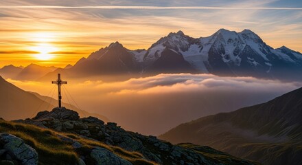 Breathtaking alpine landscape at sunset. Snowy peaks emerge from the clouds, a cross silhouetted against the vibrant sky. Serene and grand.