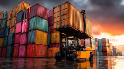 Fototapeta premium Shipping containers stacked high with forklift under a vivid sunset sky