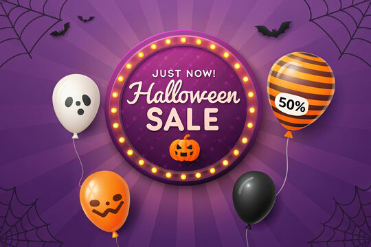 Halloween sale marketing banner with purple round frame, balloons, bats, and spiderwebs on a gradient background - Powered by Adobe