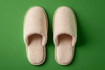 Plush Comfort: A Pair of Cozy Slippers on a Bright Green Backdrop for Relaxation