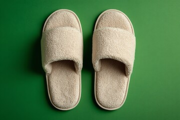 Comfortable Home Spa Experience: A Pair of Plush Slippers on Vibrant Green Background