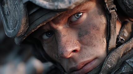 Intense Portrait of a Soldier with Gritty Determination and Focused Gaze During Battle