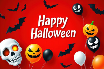 Happy Halloween greeting card with glowing skull, smiling pumpkin balloons, floating balloons, and flying bats on red background