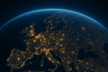 stunning aerial view of Europe illuminated at night from space, concept of global connectivity and technology, mapping and geography