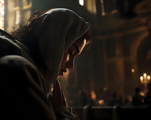 Praying Woman In Church Interior