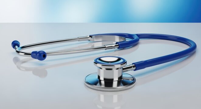 A blue and silver stethoscope lies on a reflective surface, with a plain blue background. The stethoscope represents the medical profession and healthcare.