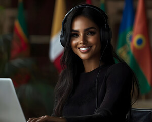 Smiling Businesswoman With Headphones Using Laptop