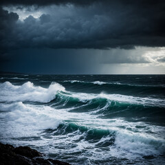 Obraz premium Photo Stormy ocean with dark clouds, turbulent waves, dramatic intensity