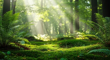 Obraz premium A lush, green forest with sunlight filtering through the trees, casting a warm glow on the mossy ground and vibrant ferns. The serene, natural landscape creates a peaceful atmosphere.